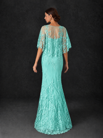 BOLODOO Turquoise Botanical Lace Flutter Sleeve Mermaid Gown - Turquoise - Turquoise_2