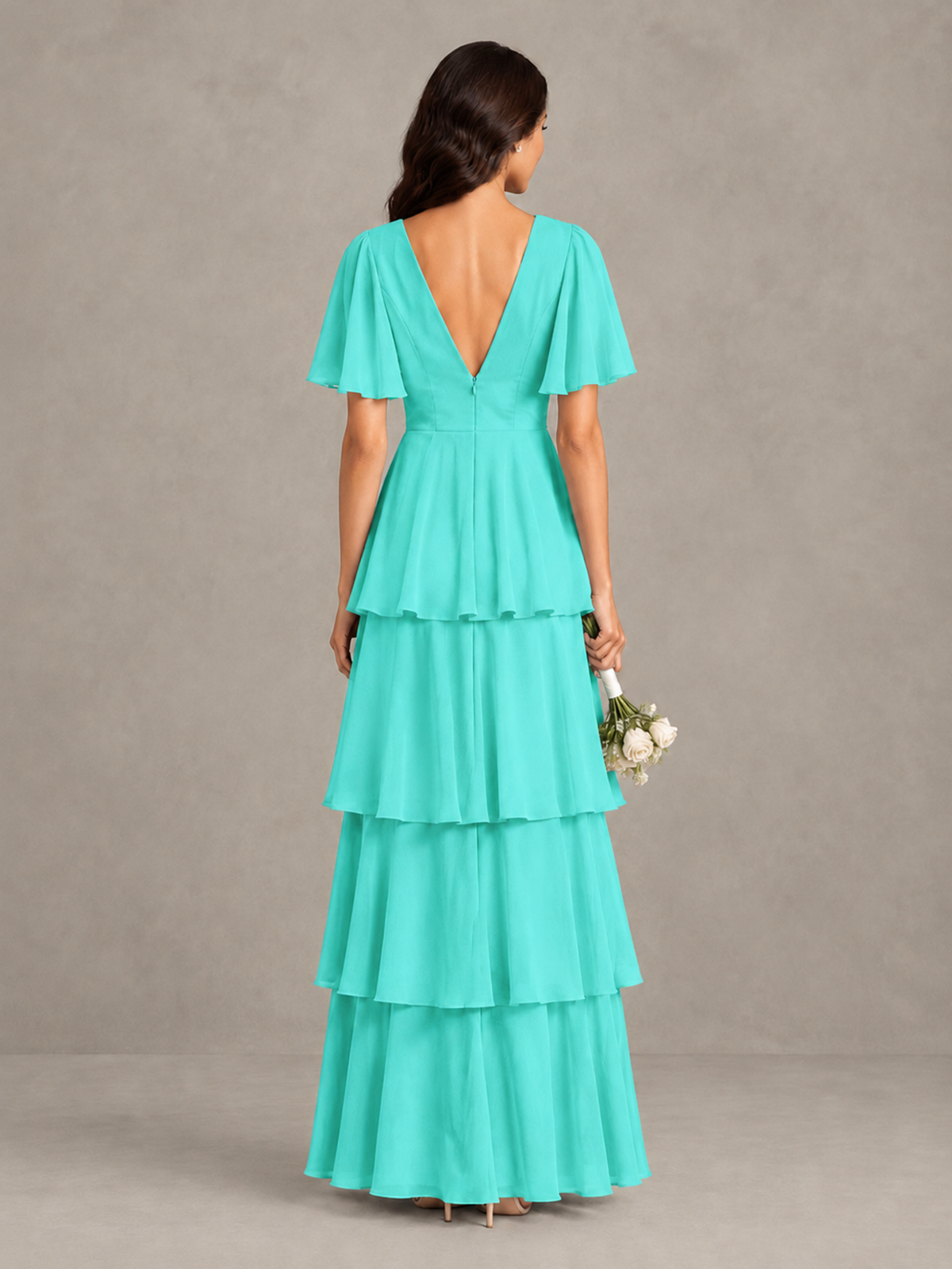 BOLODOO Turquoise Tiered Flutter Sleeve Bridesmaid Dress - Turquoise - Turquoise_2
