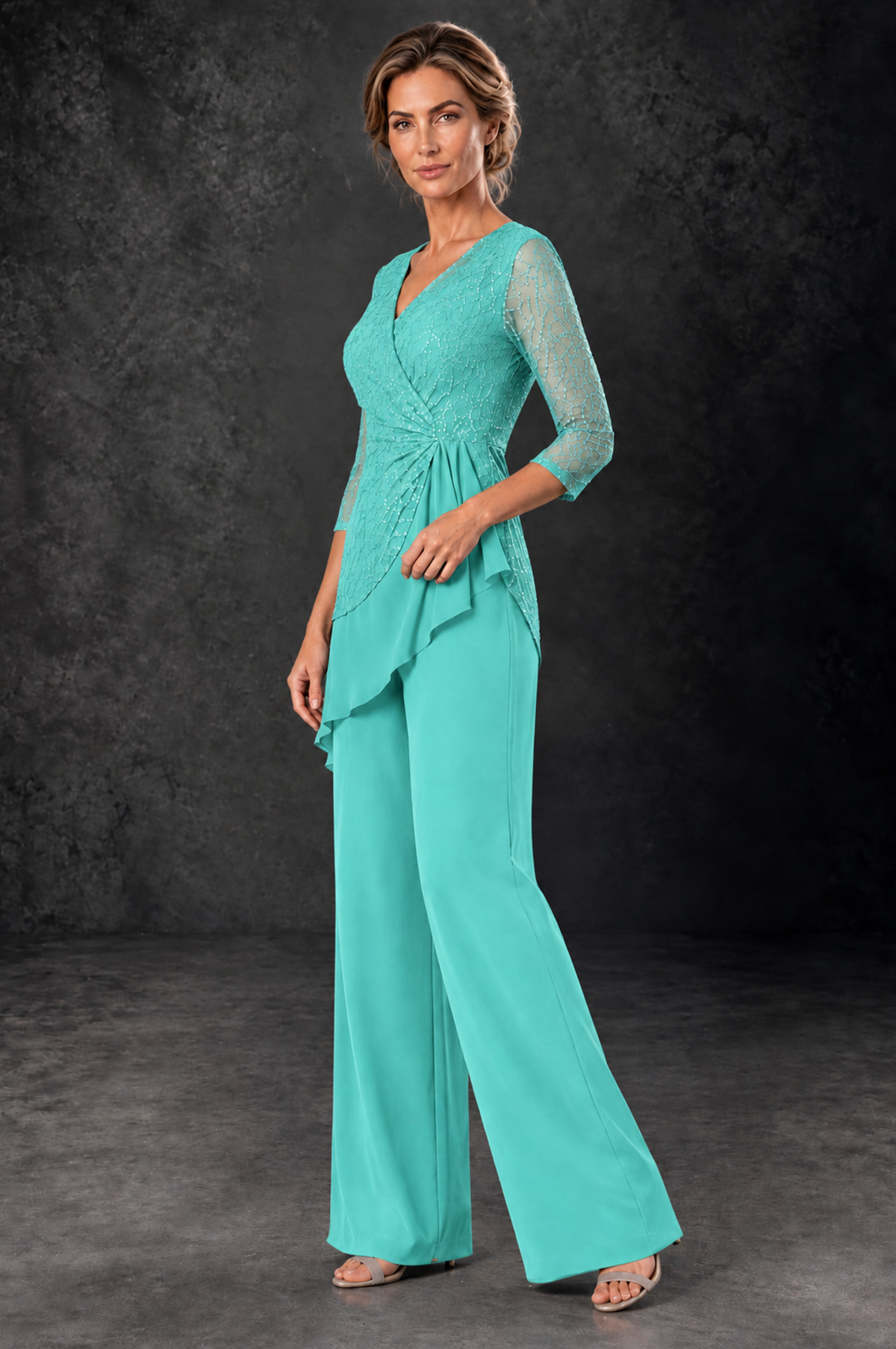 BOLODOO Turquoise Sequin Lace 3/4 Sleeve Chiffon Mother of the Bride Pant Suit - Turquoise - Turquoise_2