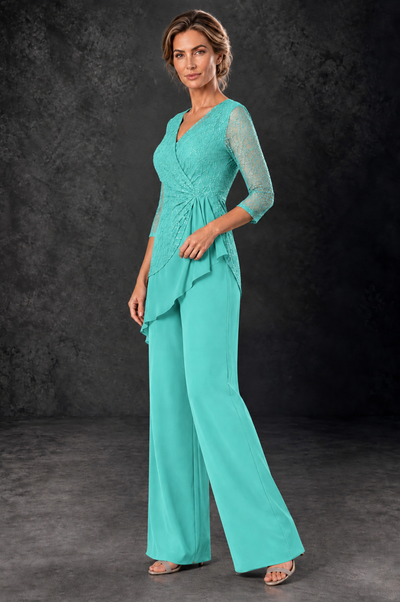 BOLODOO Turquoise Sequin Lace 3/4 Sleeve Chiffon Mother of the Bride Pant Suit - Turquoise - Turquoise_2