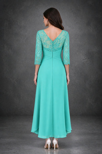 BOLODOO Turquoise Sequin Lace & Chiffon Tea-Length Mother of the Bride Dress with 3/4 Sleeves - Turquoise - Turquoise_2