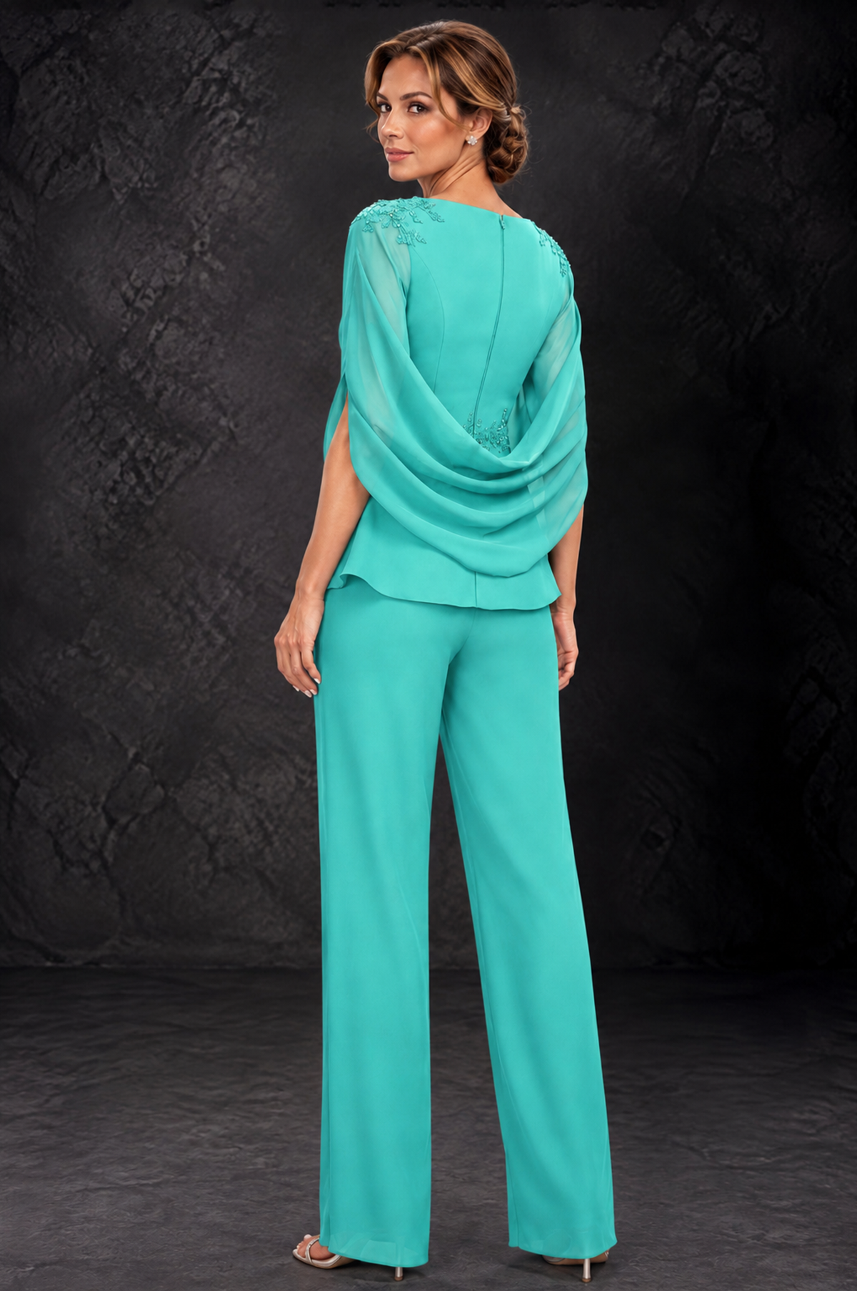 BOLODOO Turquoise Embellished Cape Sleeve Mother of the Bride Pantsuit - Turquoise - Turquoise_2
