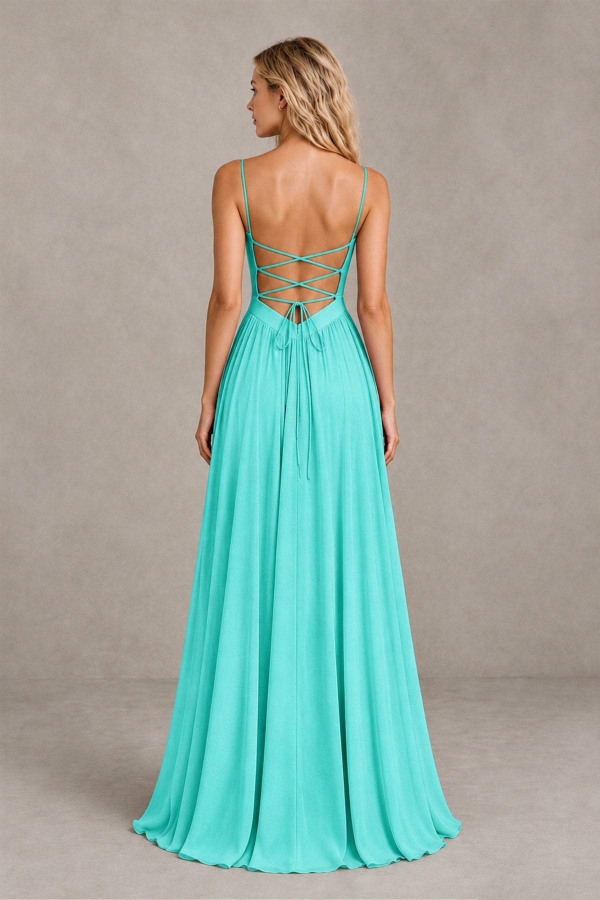 BOLODOO Turquoise Spaghetti Strap A-Line Bridesmaid Dress with Slit - Turquoise - Turquoise_2