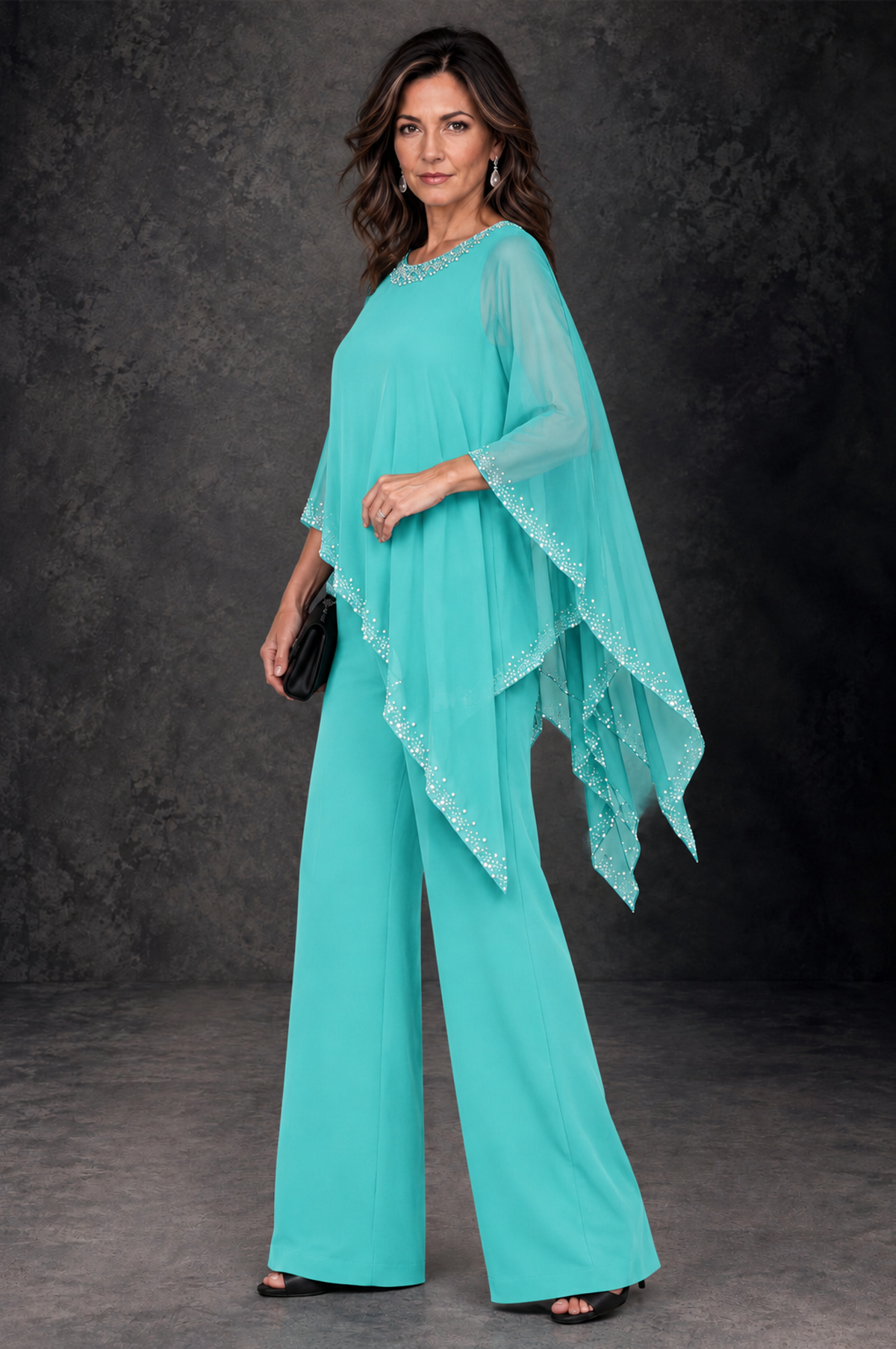 BOLODOO Turquoise Embellished Cape Mother of the Bride Pantsuit - Turquoise - Turquoise_2
