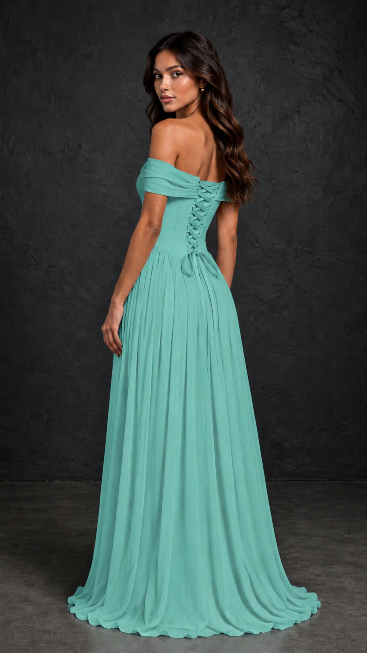 BOLODOO Turquoise Off-Shoulder Sweetheart Corset Pleated Chiffon Maxi Dress - Turquoise