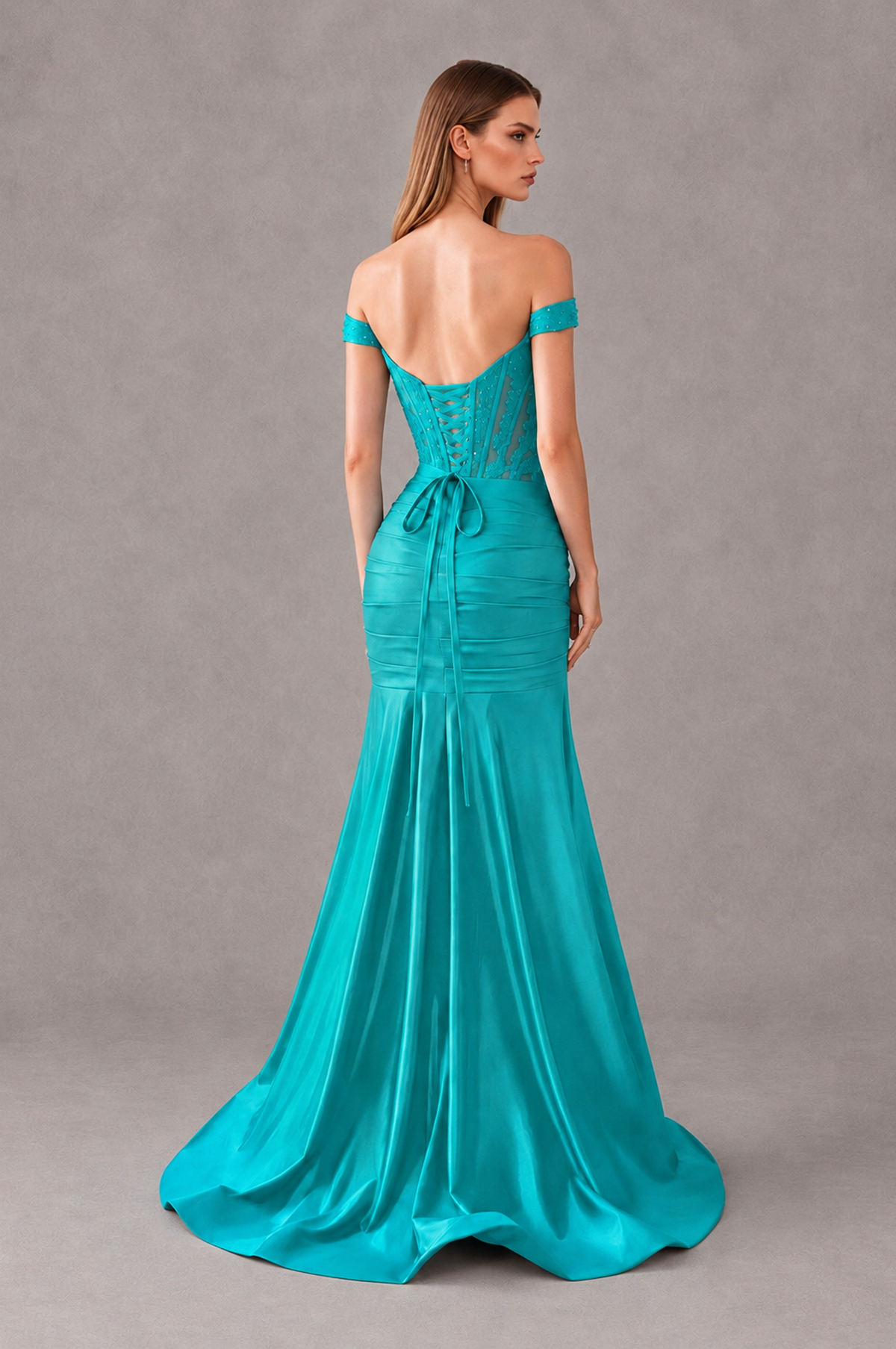BOLODOO Turquoise Off-Shoulder Corset Mermaid Prom Dress with Slit Sequin Lace Evening Gown - Turquoise - Turquoise_2