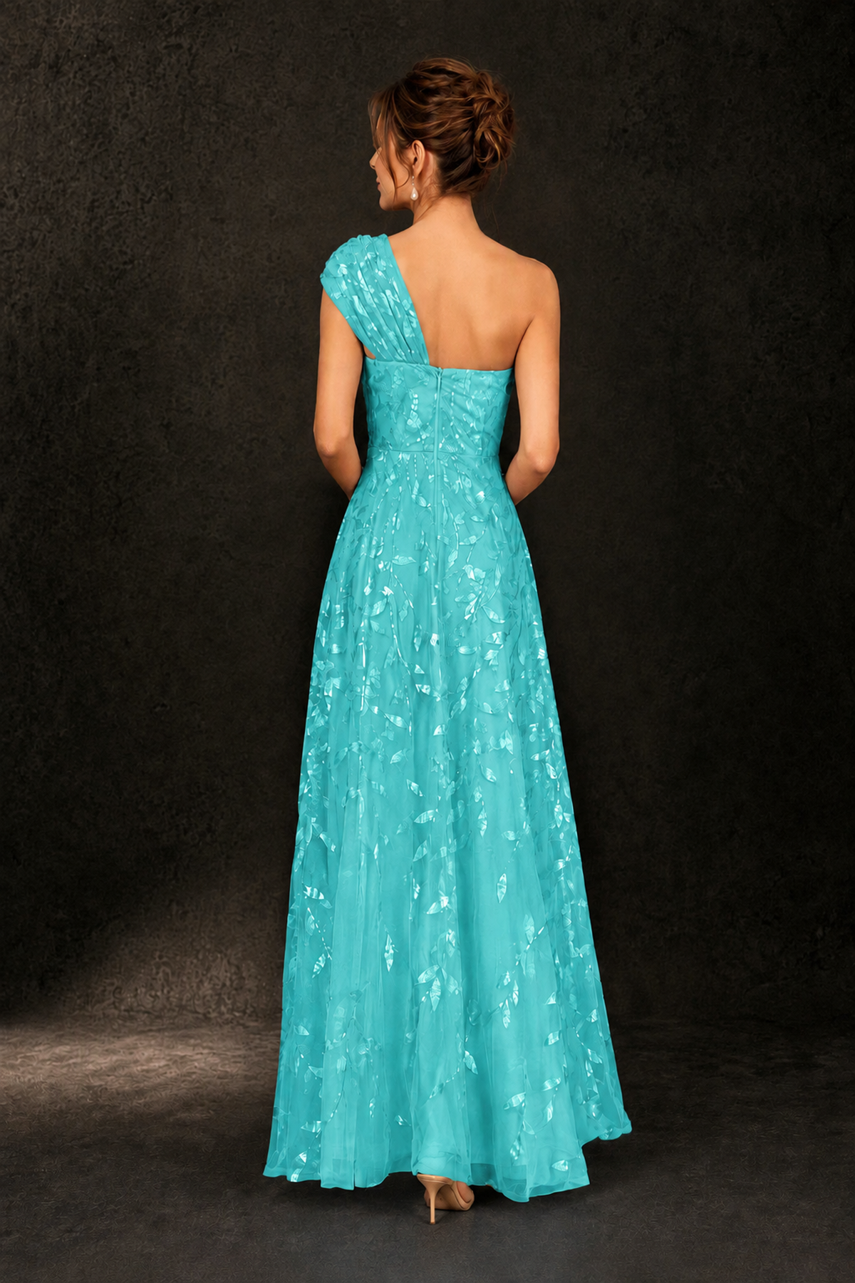BOLODOO Turquoise Leaf Sequin One-Shoulder A-Line Maxi Gown – Mother of the Bride & Formal Evening Dress - Turquoise - Turquoise_2