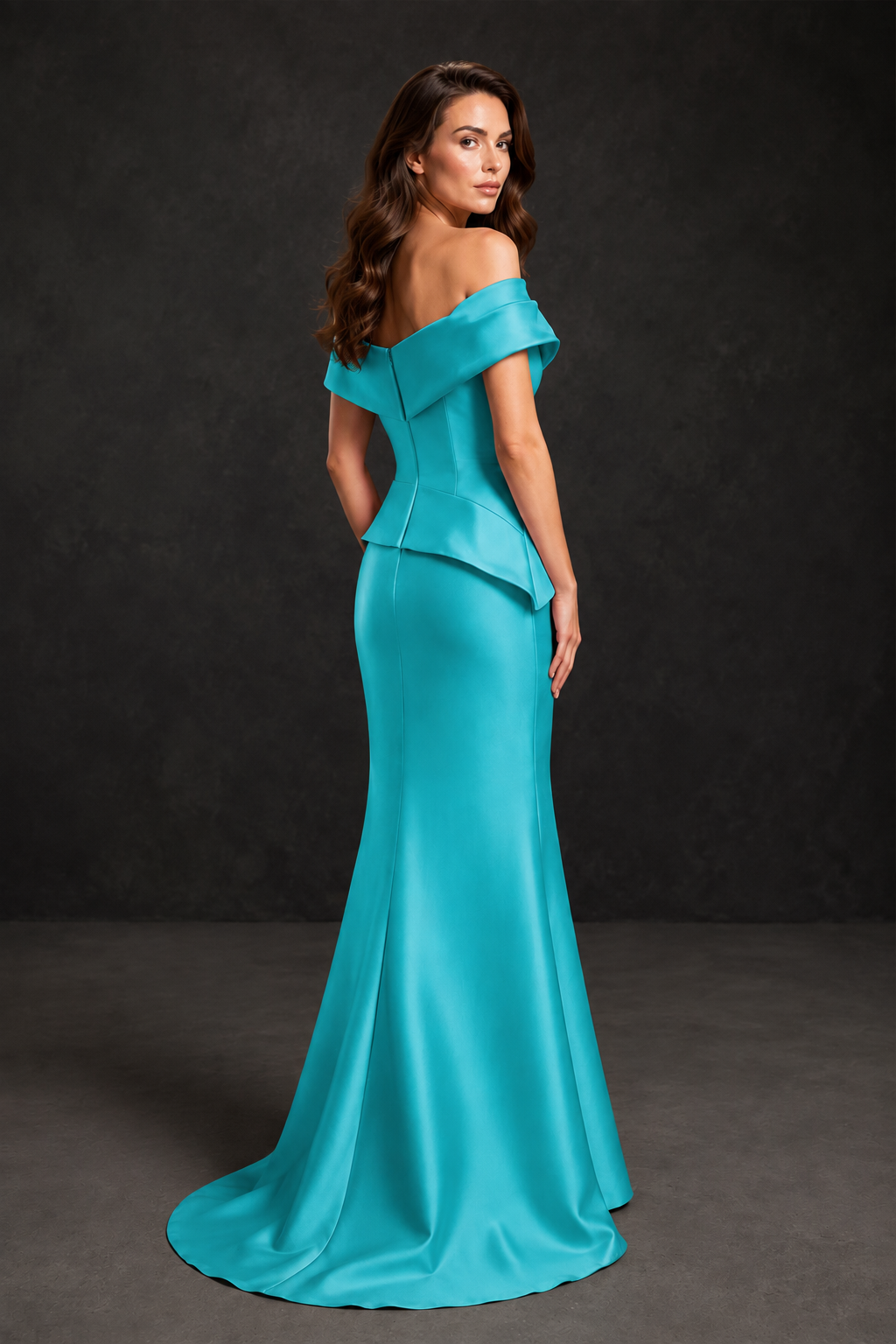 BOLODOO Turquoise Satin Off-Shoulder Sweetheart Asymmetric Peplum Mermaid Gown with Turquoise Floral Embroidery | MOB Evening Dress - Turquoise
