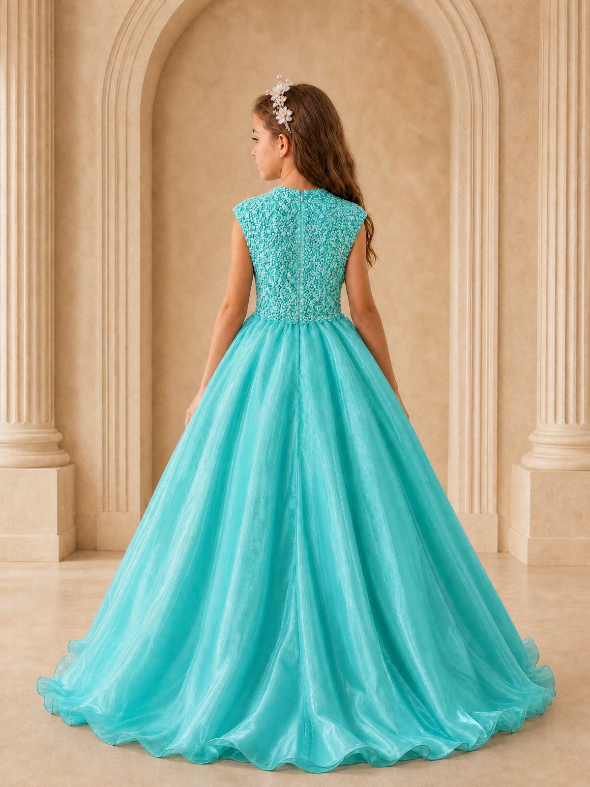 BOLODOO Turquoise Sequin Tulle Flower Girl Dress with Cap Sleeves - Turquoise - Turquoise_2