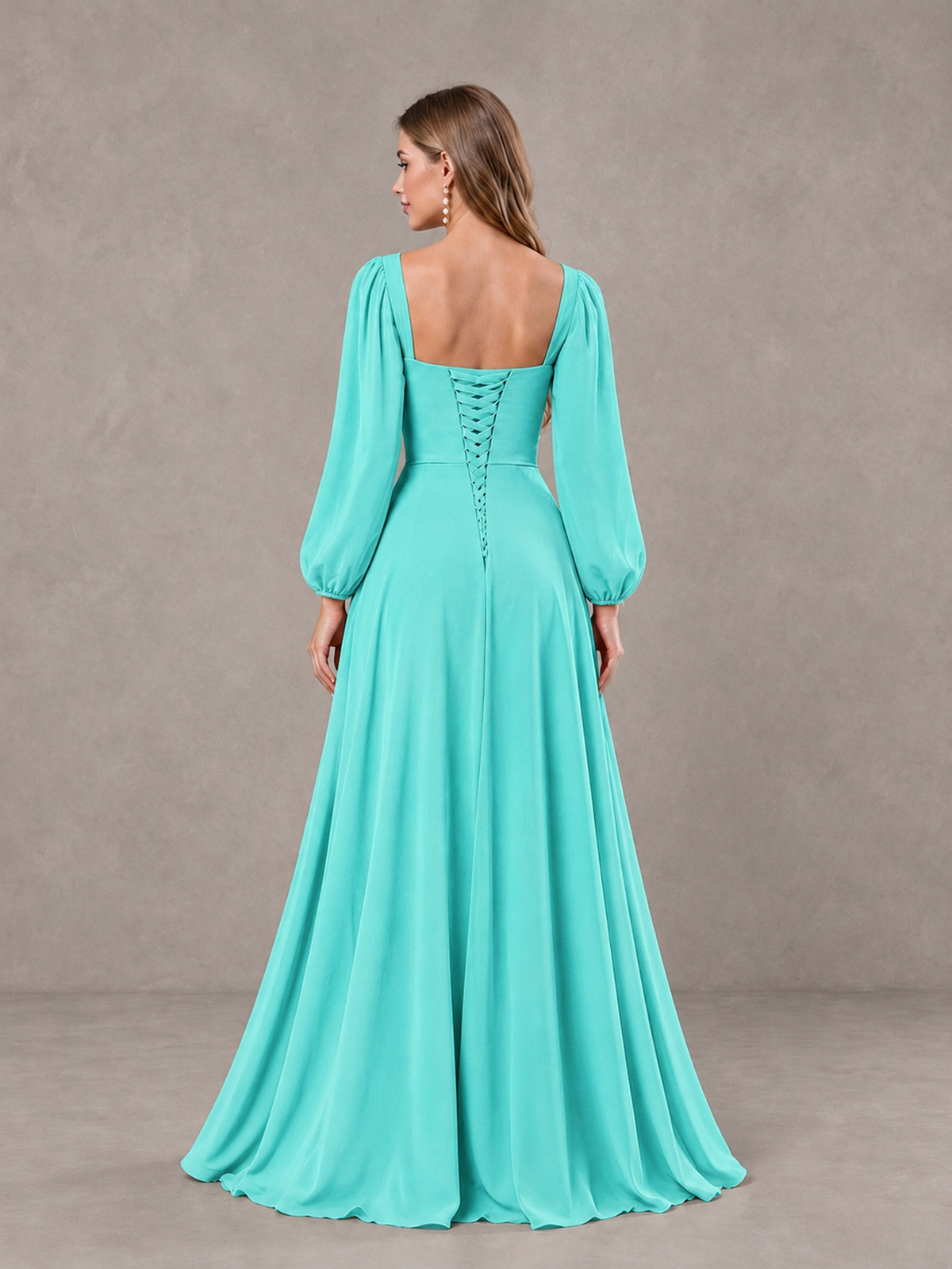 BOLODOO Turquoise Square Neck Long Sleeve Bridesmaid Dress with Ruffle Slit - Turquoise - Turquoise_2