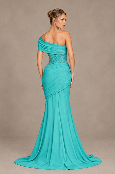 BOLODOO Turquoise One-Shoulder Sequin Embroidered Ruched Mermaid Gown with Train - Turquoise - Turquoise_2