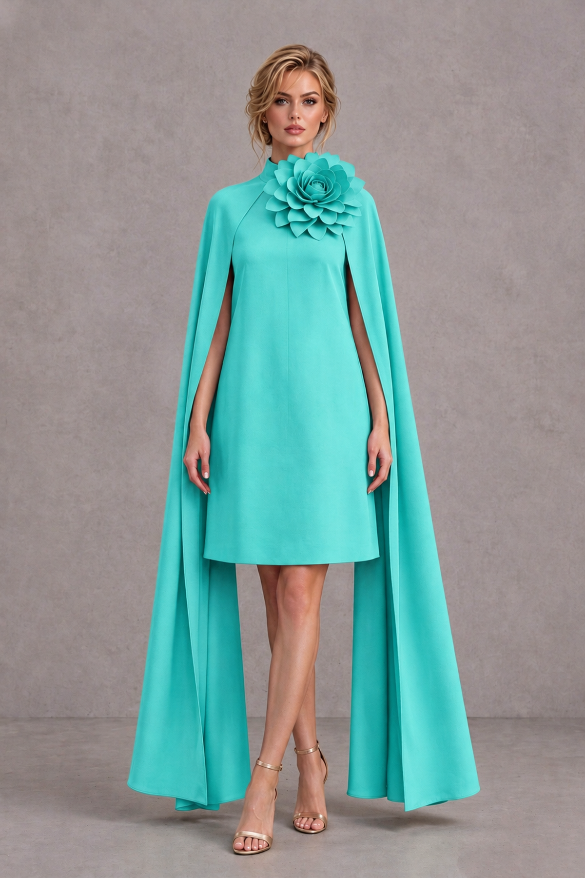 BOLODOO Turquoise High Neck Floral Cape Mini Cocktail Dress - Turquoise - Turquoise_2