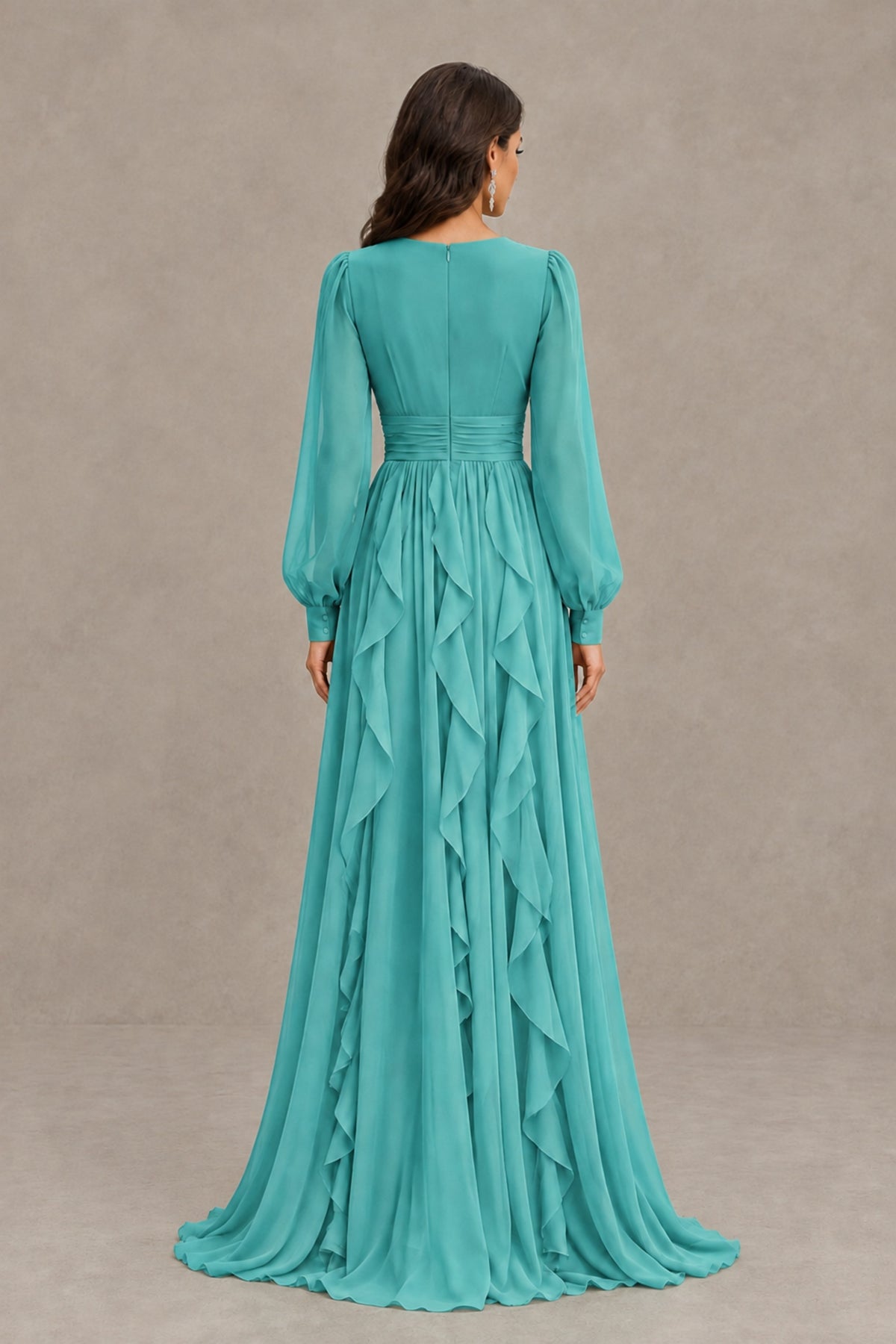 BOLODOO Turquoise Long Sleeve V-Neck Ruffle Maxi Dress - Turquoise