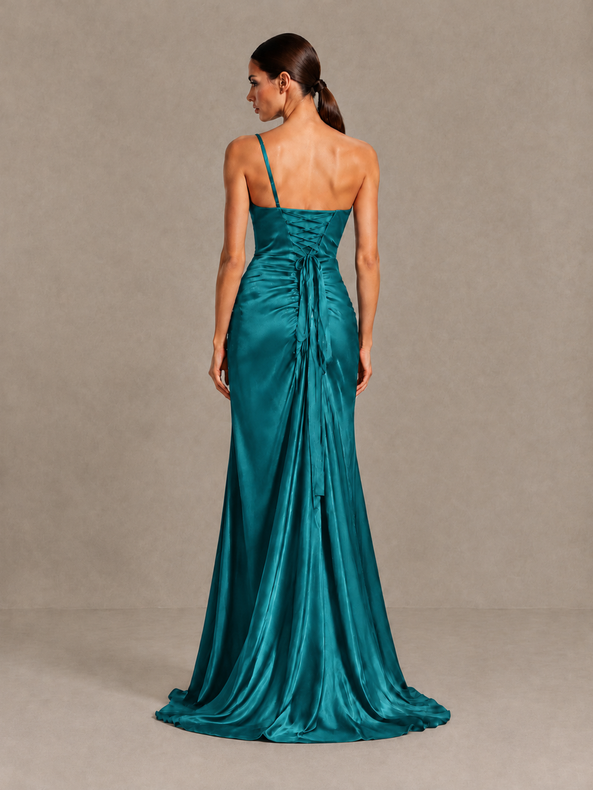 BOLODOO Turquoise One Shoulder Satin Evening Gown with High Slit and Sweep Train - Turquoise - Turquoise_2