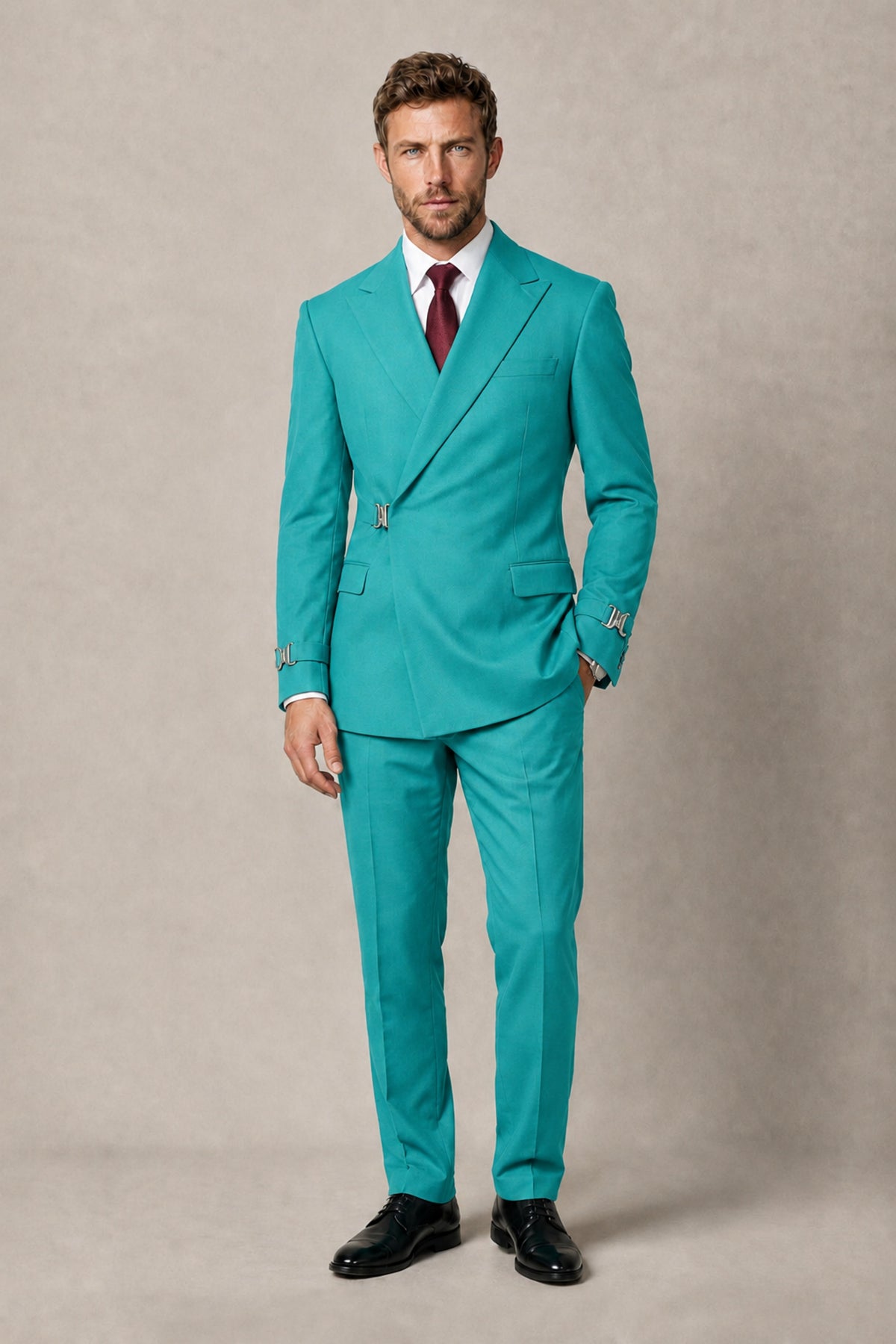BOLODOO Men's Turquoise Double-Breasted 2-Piece Suit Set – Blazer & Tailored Trousers - Turquoise