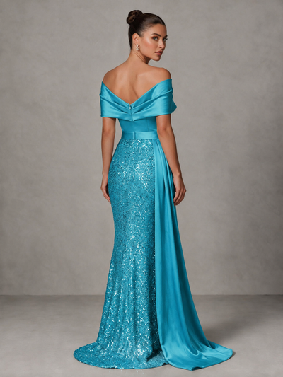 BOLODOO Turquoise Sequin Mermaid Evening Dress with Off-Shoulder Satin Drape and Sweep Train - Turquoise - Turquoise_2