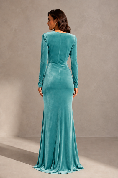 BOLODOO Turquoise Velvet Long Sleeve V-Neck Ruched Evening Gown - Turquoise