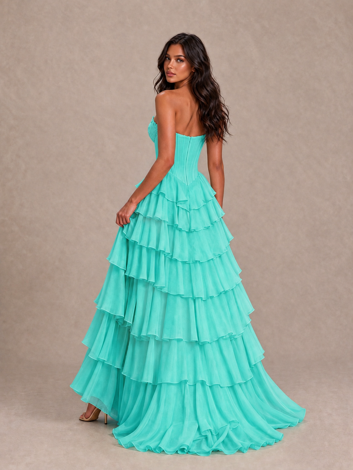 BOLODOO Turquoise Strapless Corset Tiered Ruffle Prom Dress with High Slit - Turquoise - Turquoise_2