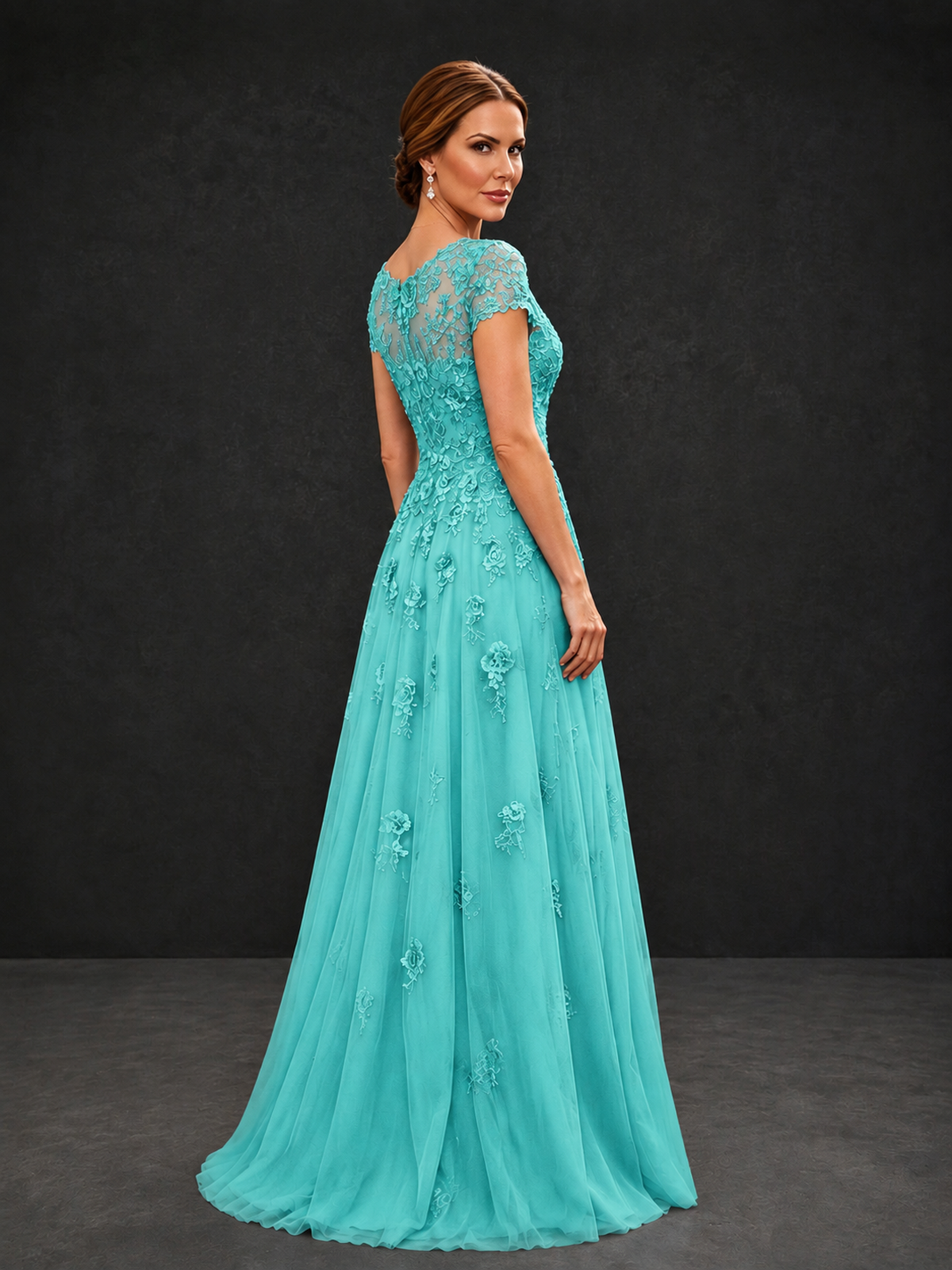 BOLODOO Turquoise Cap Sleeve Lace Appliqué A-Line Formal Gown | Mother of the Bride Dress - Turquoise - Turquoise_2