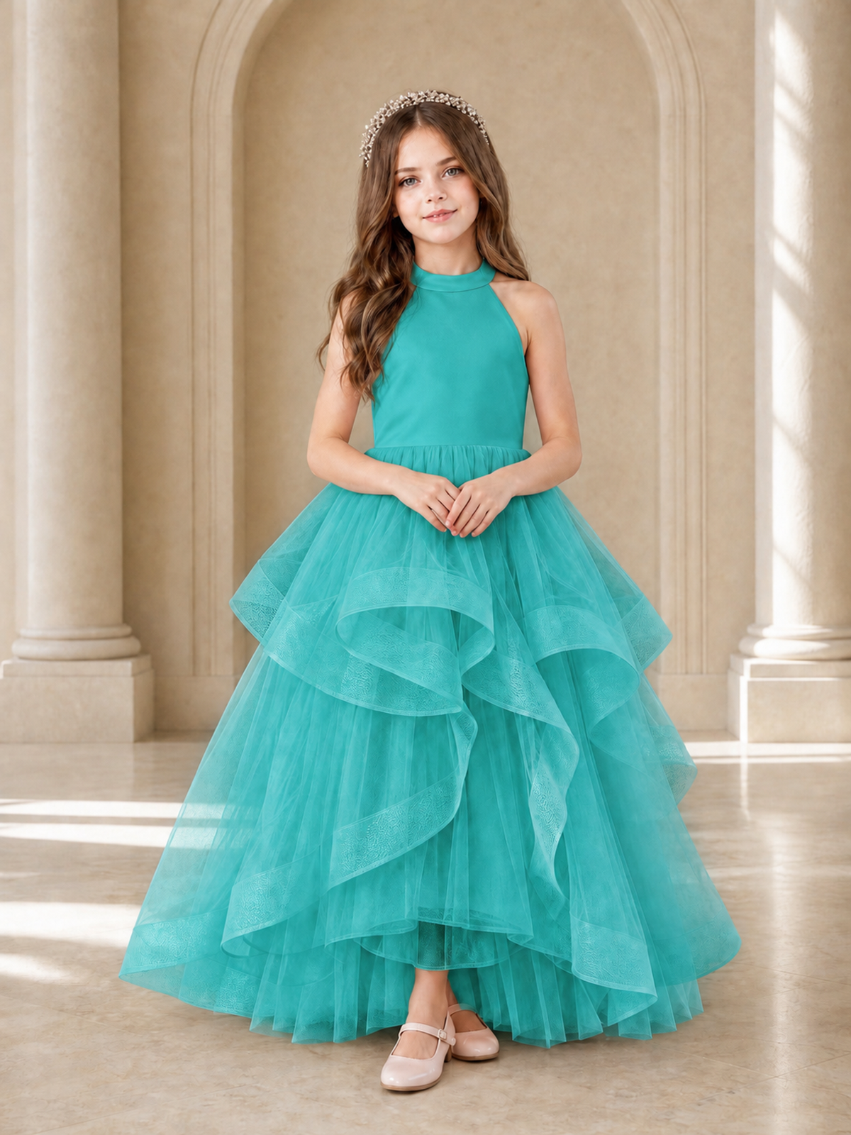 BOLODOO Turquoise Halter Tiered Tulle Flower Girl Dress with Bow Back - Turquoise - Turquoise_2