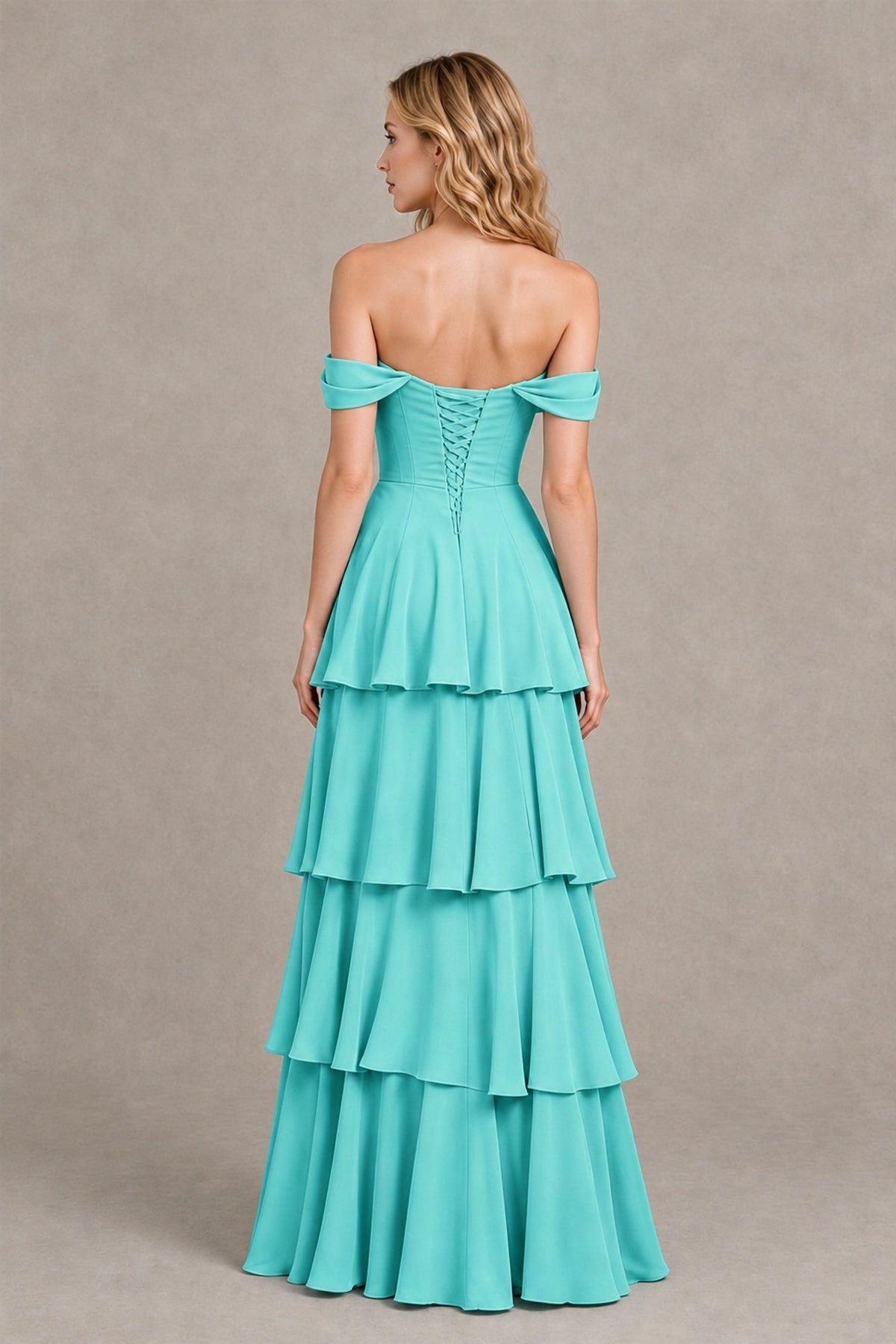 BOLODOO Turquoise Off-the-Shoulder Tiered A-Line Evening Bridesmaid Dress - Turquoise - Turquoise_2