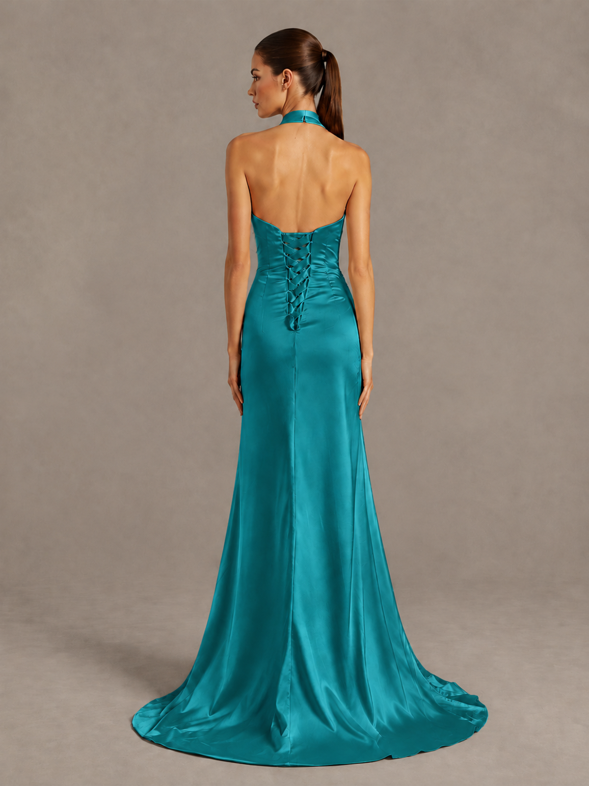 BOLODOO Turquoise Halter Satin Evening & Prom Dress with High Slit - Turquoise - Turquoise_2
