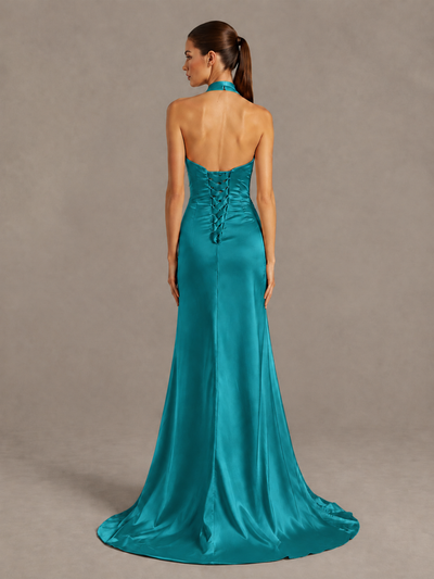 BOLODOO Turquoise Halter Satin Evening & Prom Dress with High Slit - Turquoise - Turquoise_2