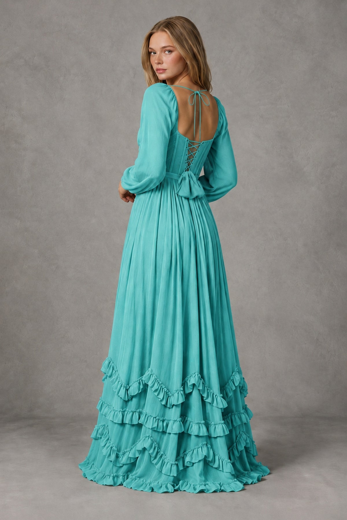 Turquoise Long-Sleeve Ruffle Maxi Dress with Lace-Up Back and Slit - Turquoise