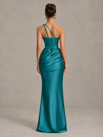 BOLODOO Turquoise One-Shoulder Cutout Satin Mermaid Prom Dress - Turquoise - Turquoise_2