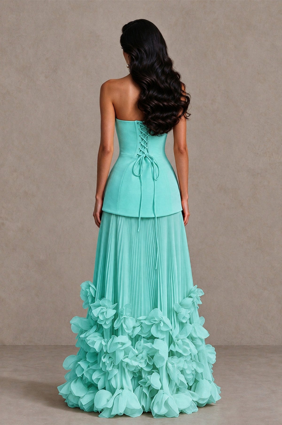 BOLODOO Turquoise Strapless Pleated Floral Hem Evening Gown - Turquoise - Turquoise_2