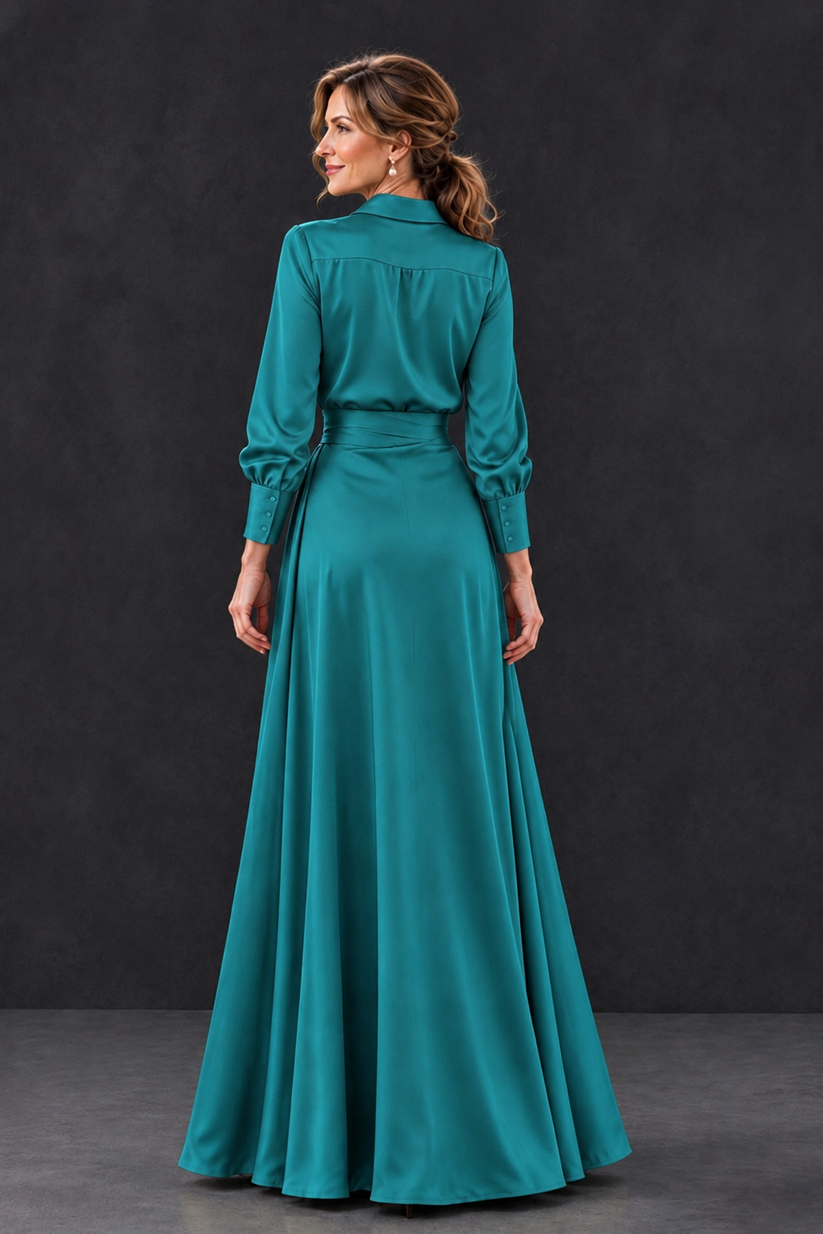 BOLODOO Turquoise Long Sleeve Satin-Look Lace Panel Gown - Turquoise - Turquoise_2