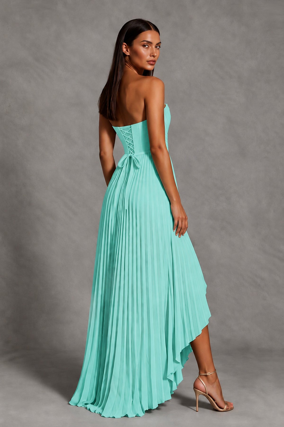 Turquoise Strapless Pleated High-Low Evening Gown with Ruffle Hem - Turquoise