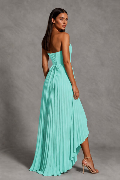 Turquoise Strapless Pleated High-Low Evening Gown with Ruffle Hem - Turquoise