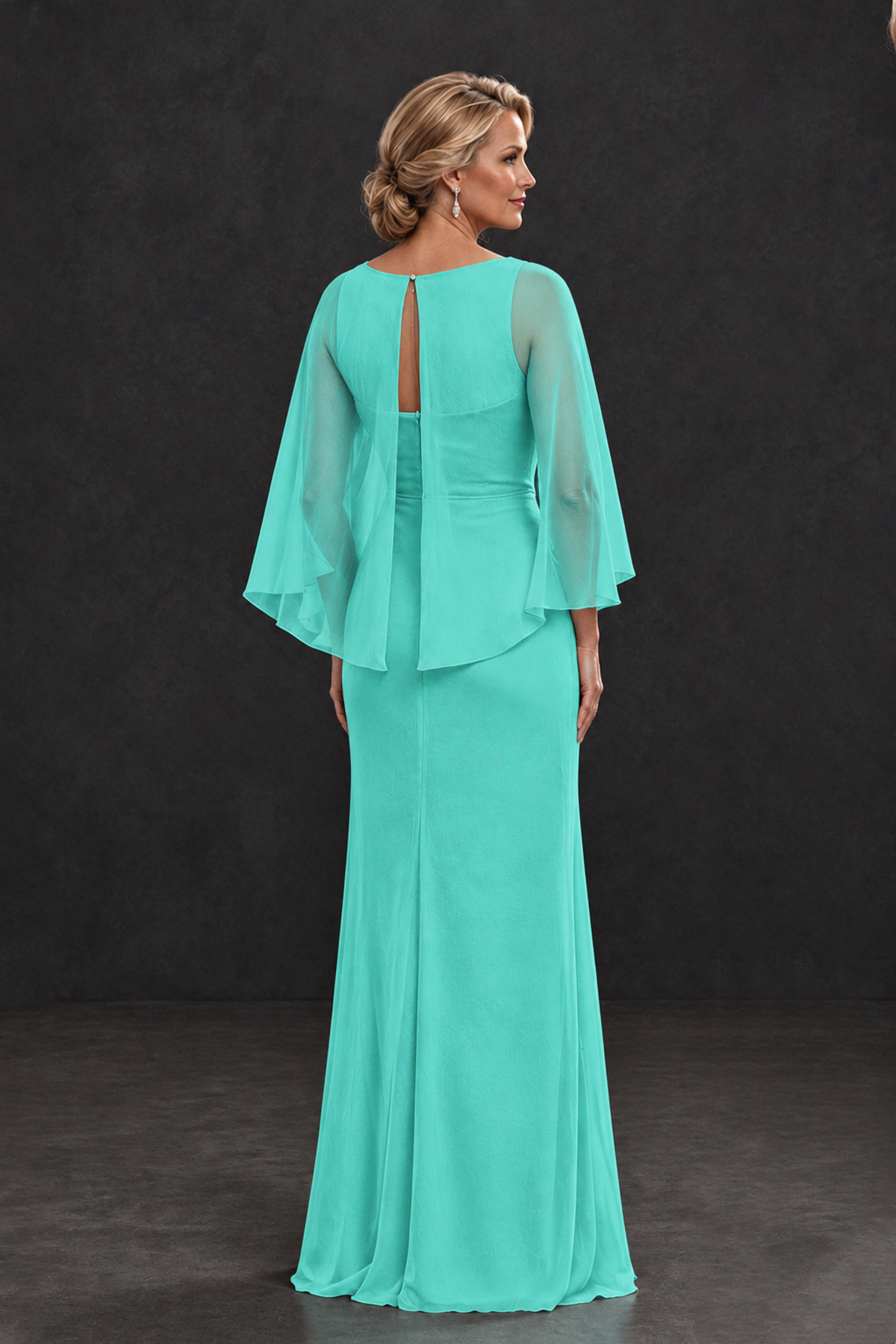 BOLODOO Turquoise Cape Sleeve Mother of the Bride Dress with Ruched Waist - Turquoise - Turquoise_2