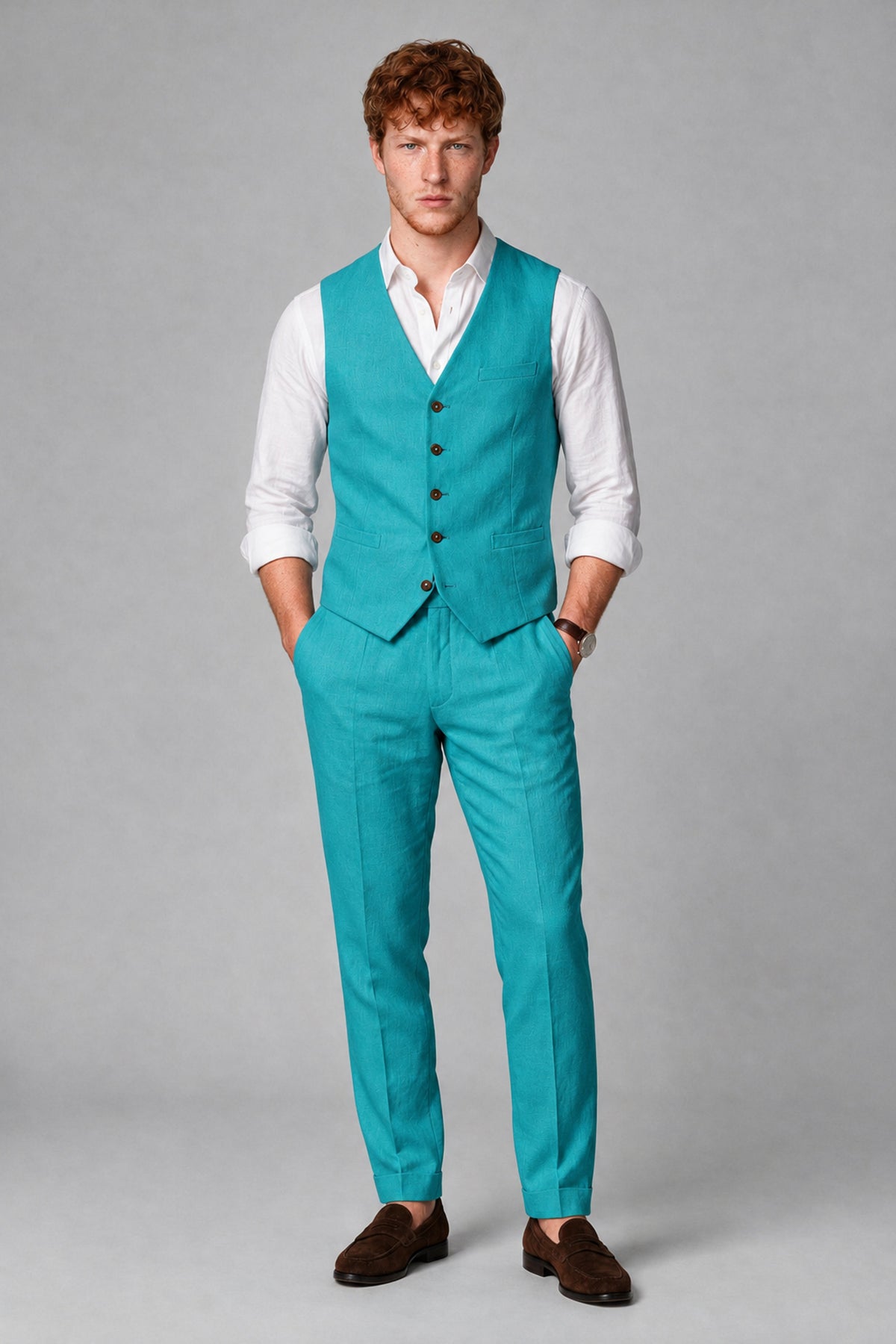 Bolodoo Men's Turquoise 2-Piece Vest and Pants Set with V-Neck Waistcoat - Turquoise - Turquoise_2