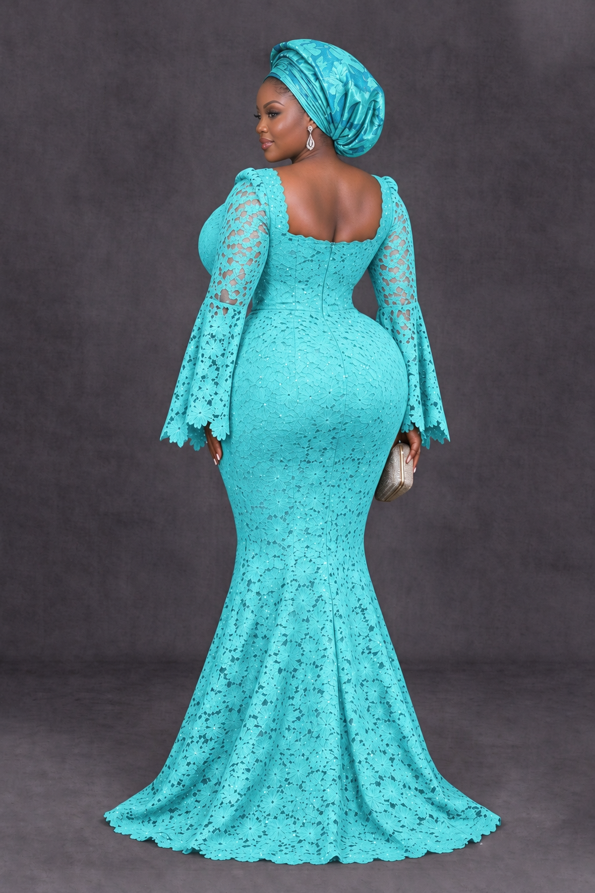 BOLODOO Turquoise African Lace Mermaid Dress, Plus Size Nigerian Wedding Guest Gown with Bell Sleeves - Turquoise - Turquoise_2