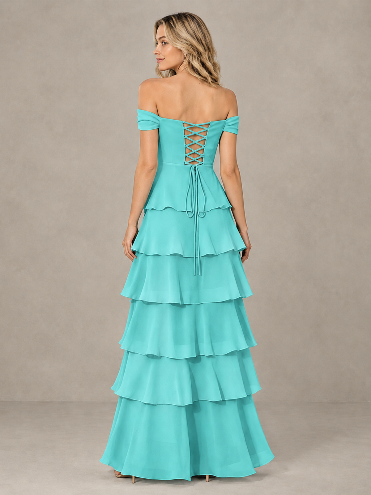 BOLODOO Turquoise Off-Shoulder Tiered Ruffle Bridesmaid Dress with Lace-Up Back - Turquoise - Turquoise_2