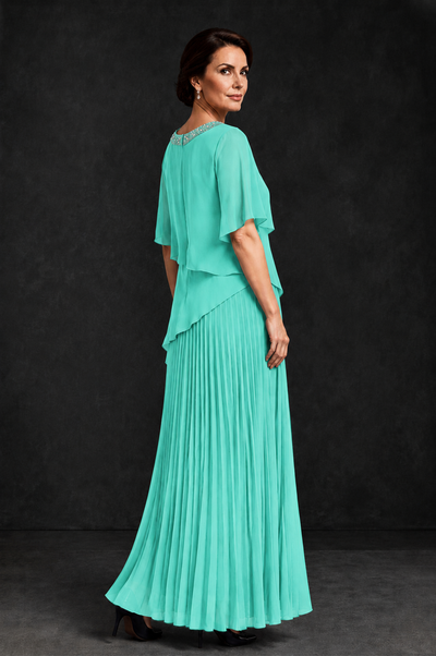 BOLODOO Turquoise Pearl Beaded Neck Asymmetric Tiered Flutter Sleeve Pleated Chiffon Maxi Dress - Turquoise - Turquoise_2
