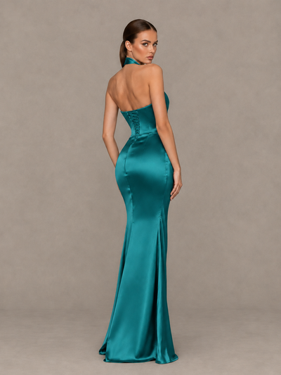 BOLODOO Turquoise Cross-Halter Ruched Satin-Look Evening Gown with High Slit - Turquoise - Turquoise_2