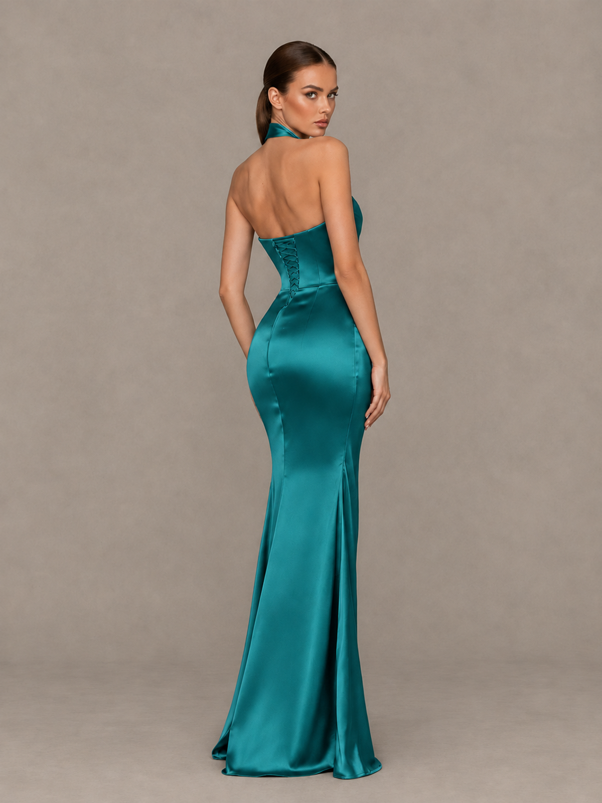 BOLODOO Turquoise Cross-Halter Ruched Satin-Look Evening Gown with High Slit - Turquoise - Turquoise_2