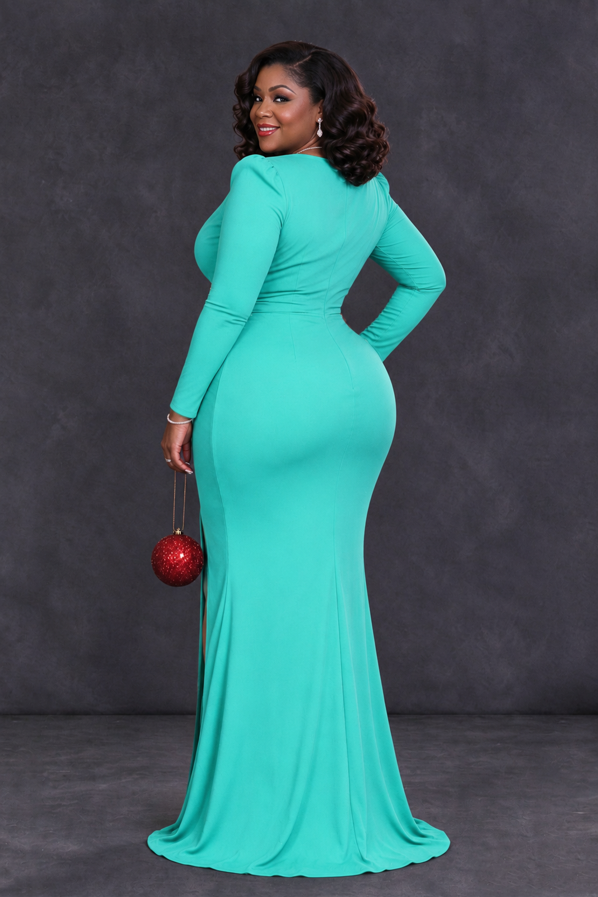 BOLODOO Turquoise Plus Size Long Sleeve V-Neck Mother of the Bride Dress with Slit - Turquoise - Turquoise_2