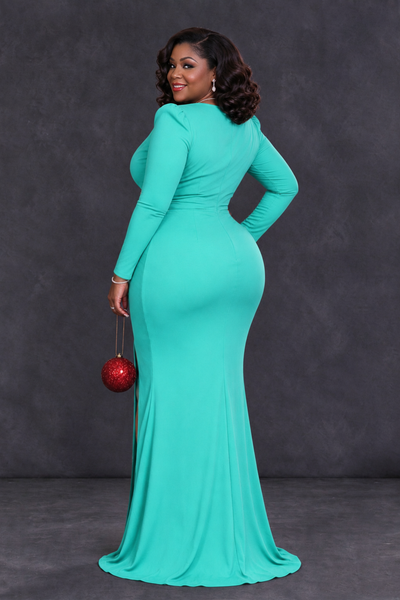 BOLODOO Turquoise Plus Size Long Sleeve V-Neck Mother of the Bride Dress with Slit - Turquoise - Turquoise_2