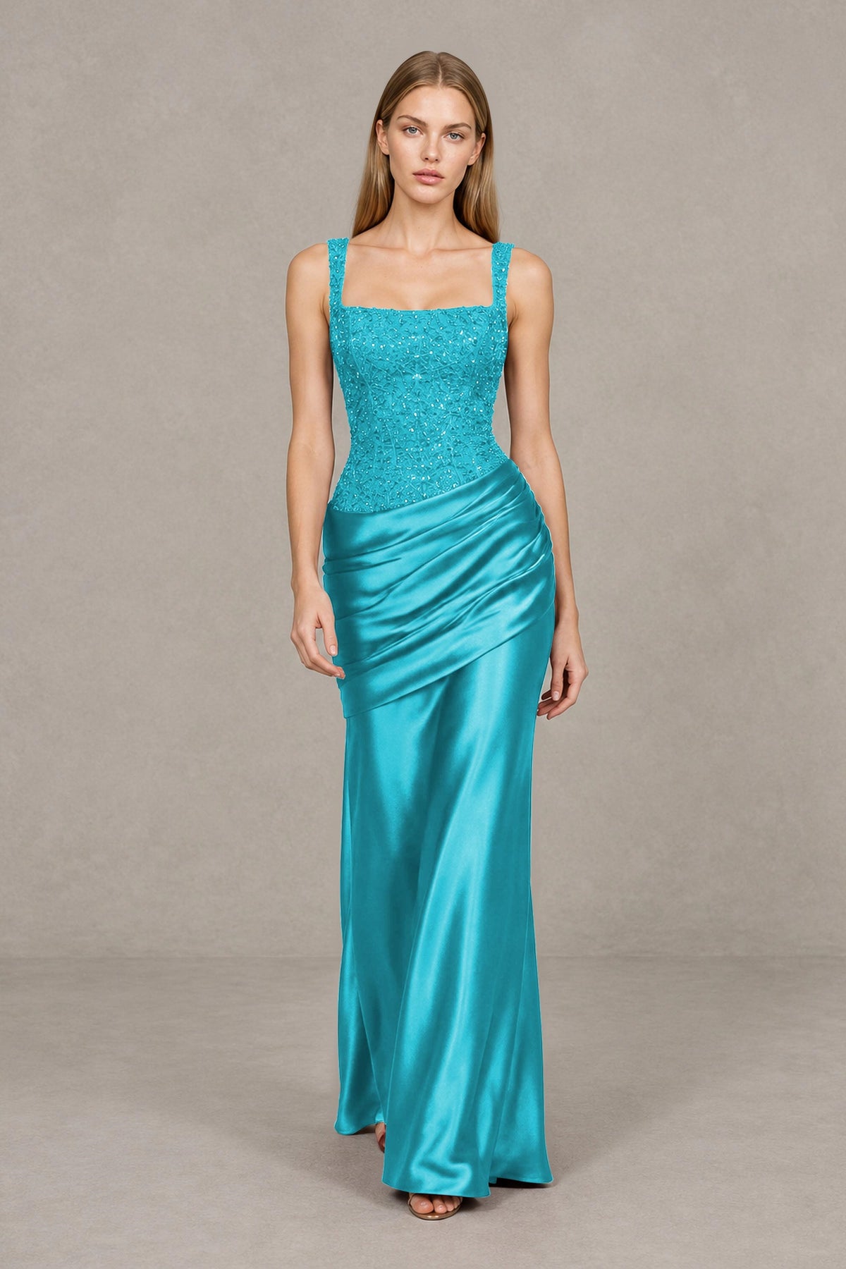 BOLODOO Turquoise Square Neck Embellished Satin Evening Gown - Turquoise