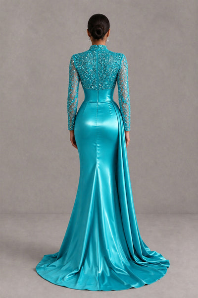 BOLODOO Turquoise Long Sleeve Embellished Satin Mermaid Evening Gown - Turquoise - Turquoise_2