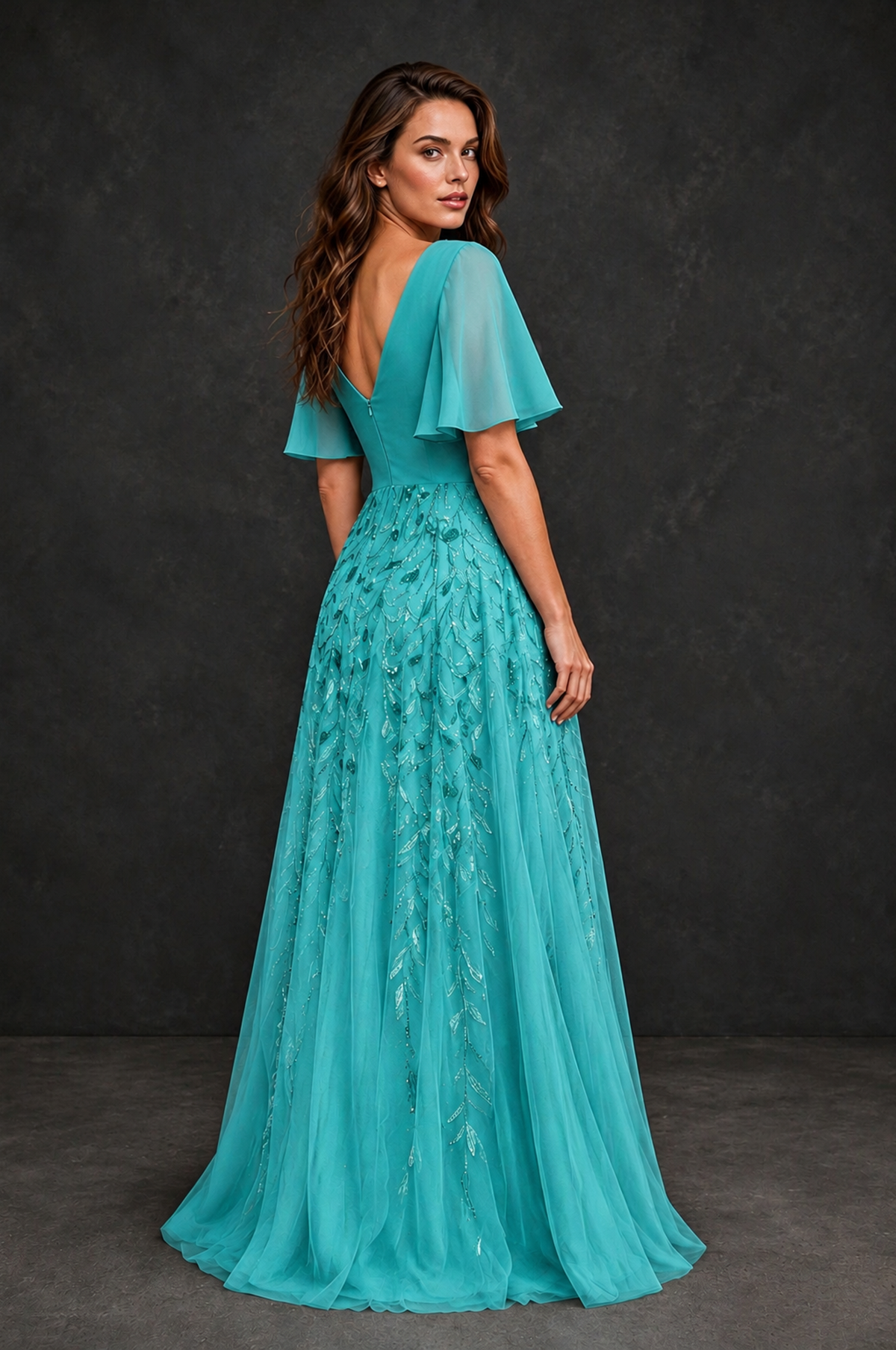 BOLODOO Turquoise V-Neck Flutter Sleeve Beaded Botanical Tulle A-Line Gown | Mother of the Bride Evening Dress - Turquoise - Turquoise_2