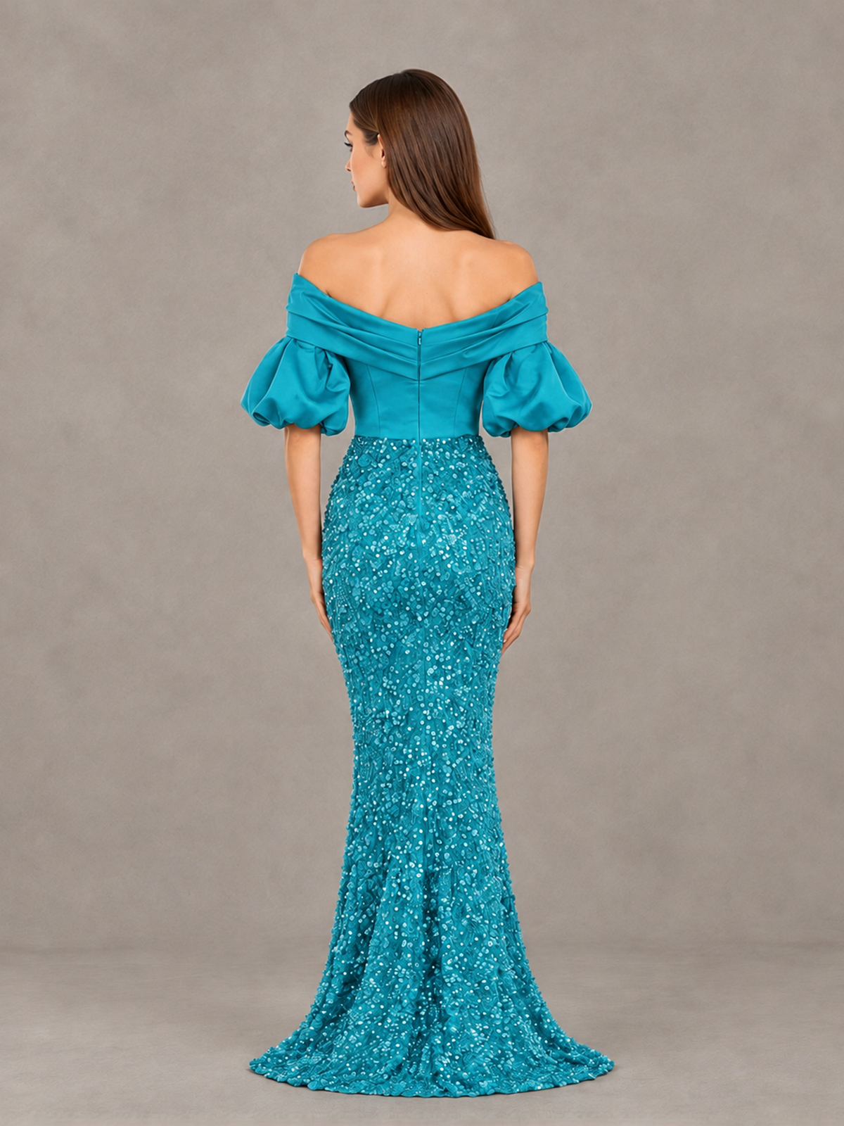 BOLODOO Turquoise Off-Shoulder Puff Sleeve Sequin Mermaid Evening Dress - Turquoise - Turquoise_2