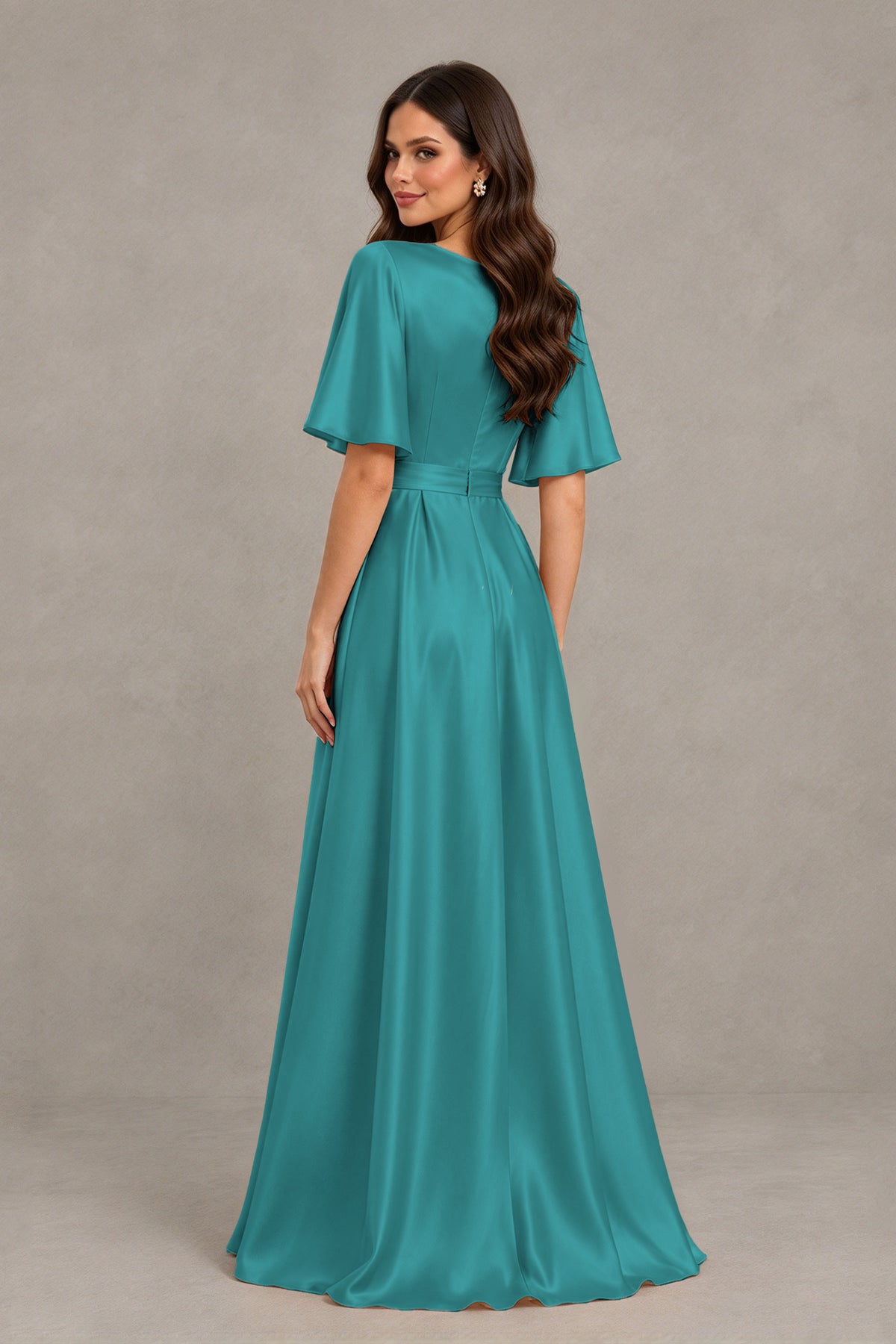 BOLODOO Turquoise Satin V-Neck Flutter Sleeve Bridesmaid Dress with Slit - Turquoise - Turquoise(2)