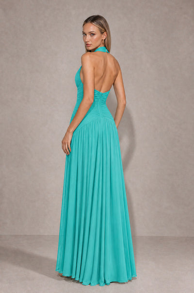 BOLODOO Turquoise Chiffon Halter Deep V-Neck Ruched A-Line Backless Maxi Dress with Train-BD0167 - Turquoise - Turquoise_2