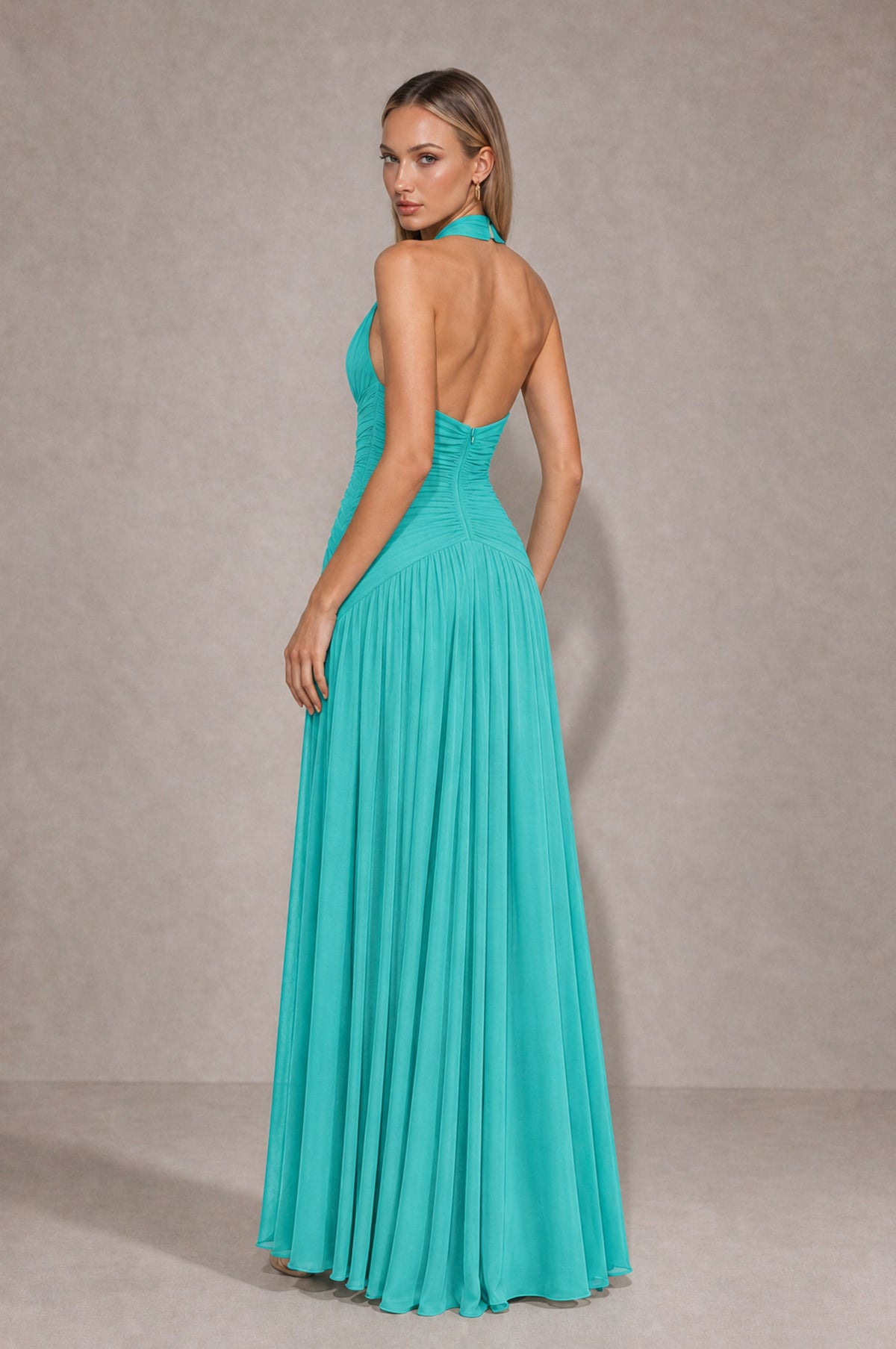 BOLODOO Turquoise Chiffon Halter Deep V-Neck Ruched A-Line Backless Maxi Dress with Train-BD0167 - Turquoise - Turquoise_2