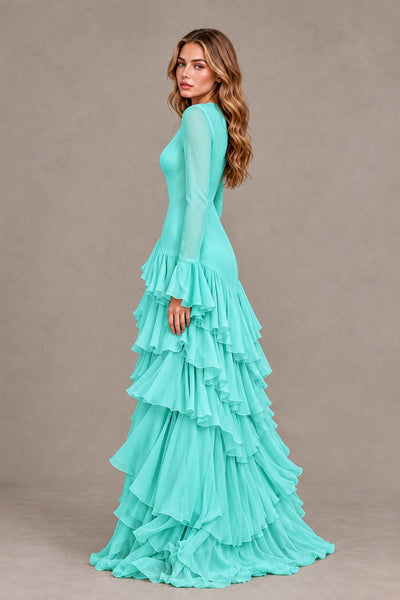 Turquoise Long Sleeve Tiered Ruffle Evening Gown - Turquoise - Turquoise_2